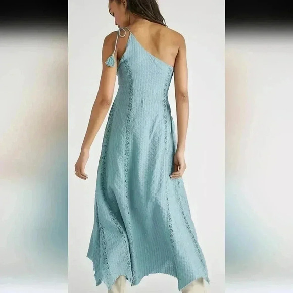 Free People Bella Maxi Dress Lace Inserts One Shoulder Tie Shoulder Mint aqua - Picture 2 of 6